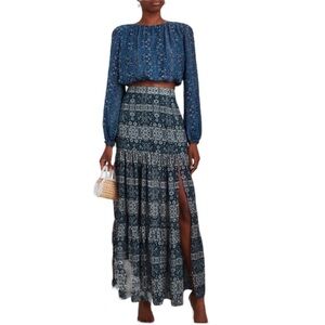 Intermix Silk Blend Aggie Tiered High Slit Maxi Skirt Blue Print Women’s